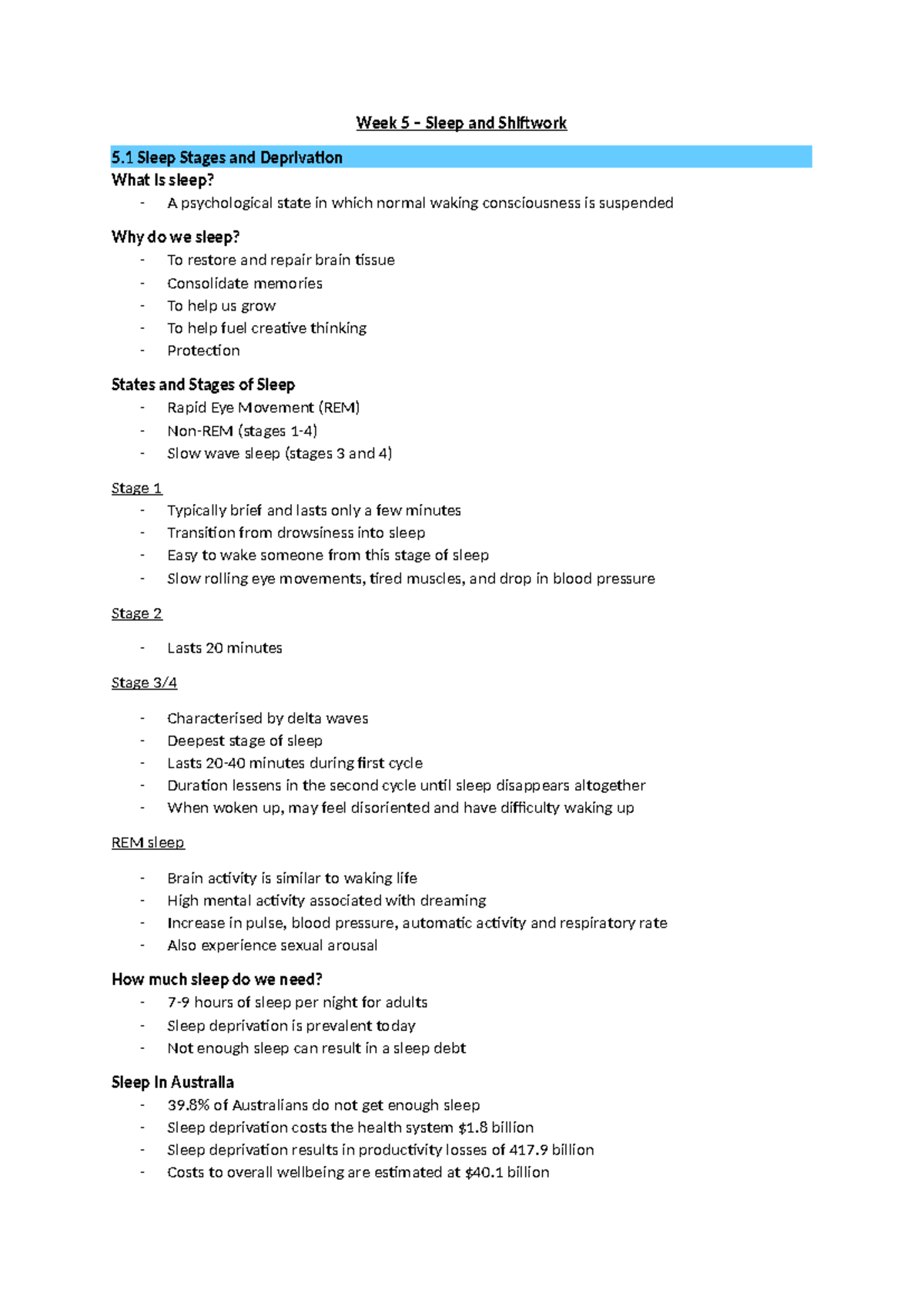 Sleep and Shiftwork Notes - Week 5 – Sleep and Shiftwork 5 Sleep Stages ...