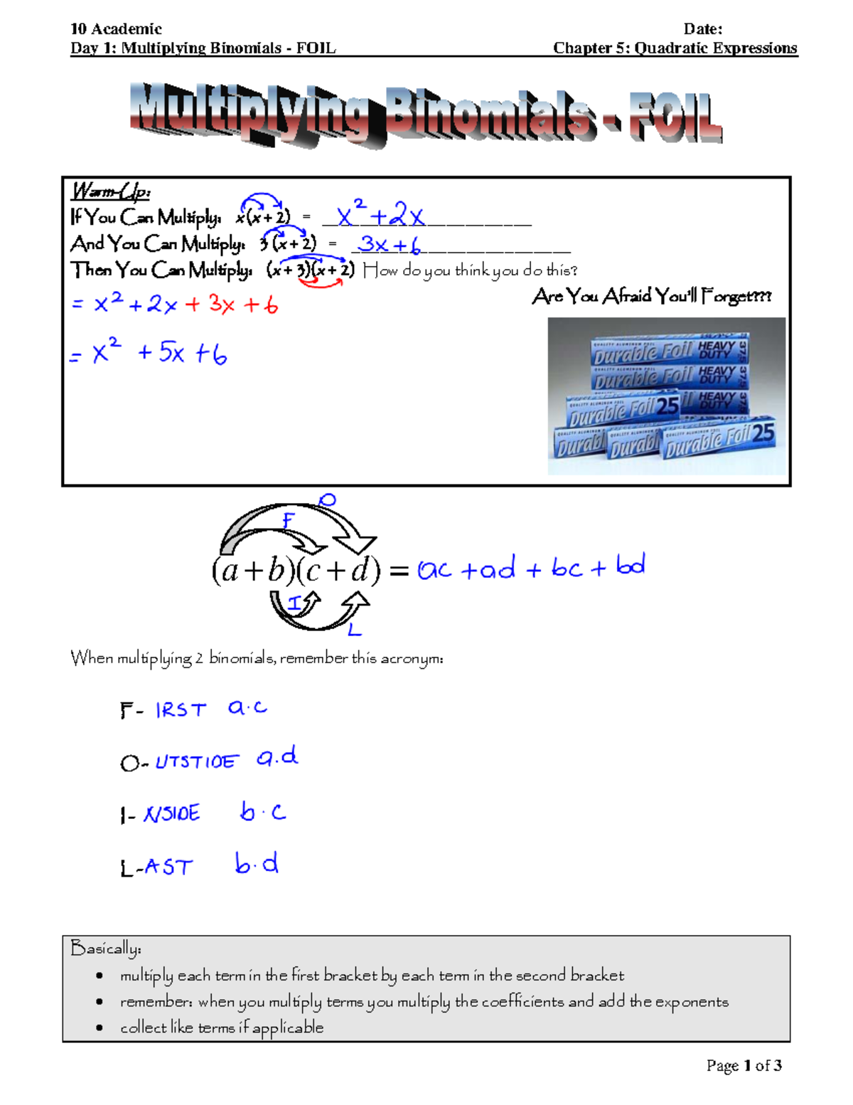 3 multiplying binomials - foil solutions - 10 Academic Date ...