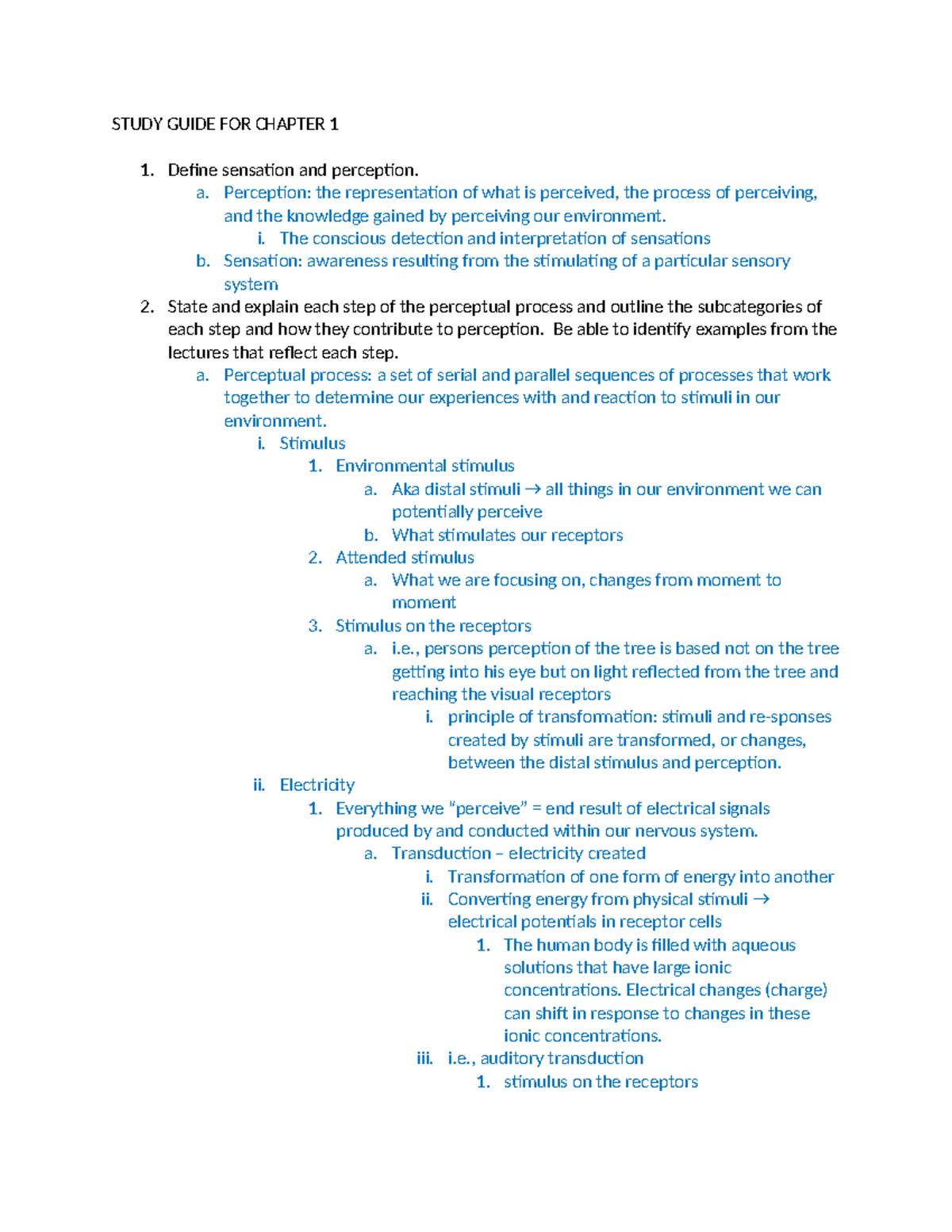 Chapter 1 - STUDY GUIDE FOR CHAPTER 1 Define sensation and perception ...
