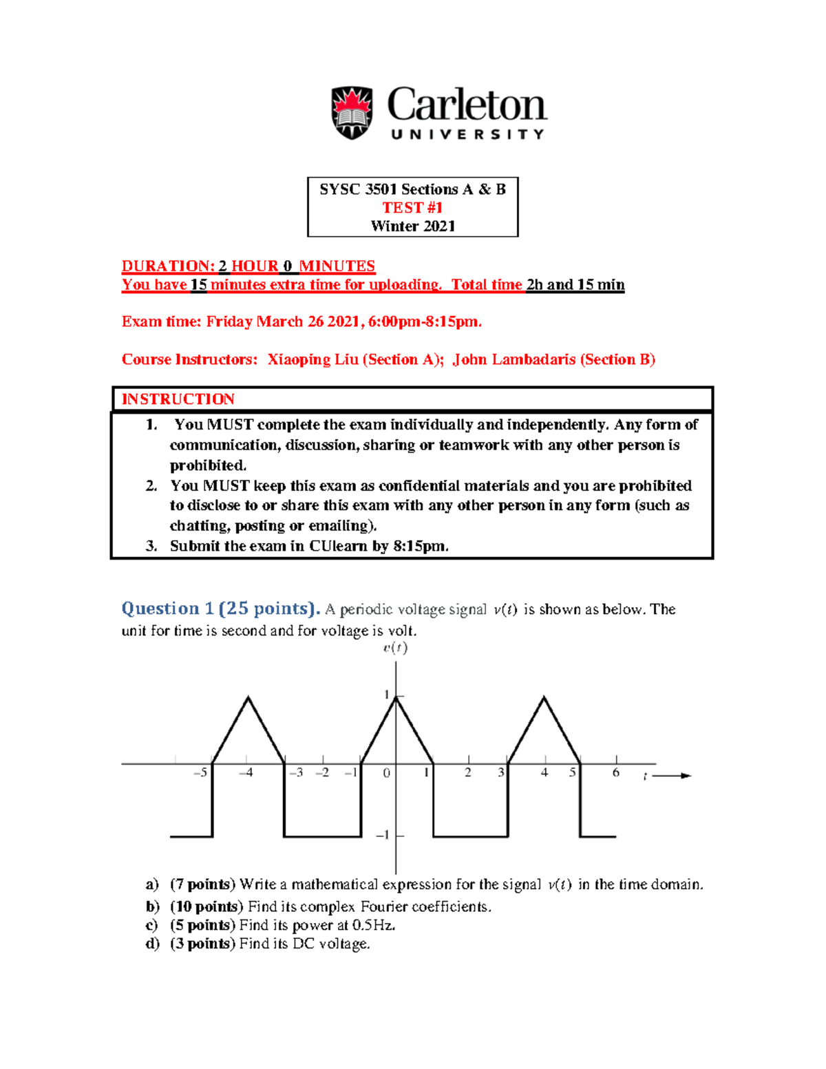 SYSC3501-w21-Test#1 - Test1 - SYSC 3501 Sections A & B TEST # Winter ...