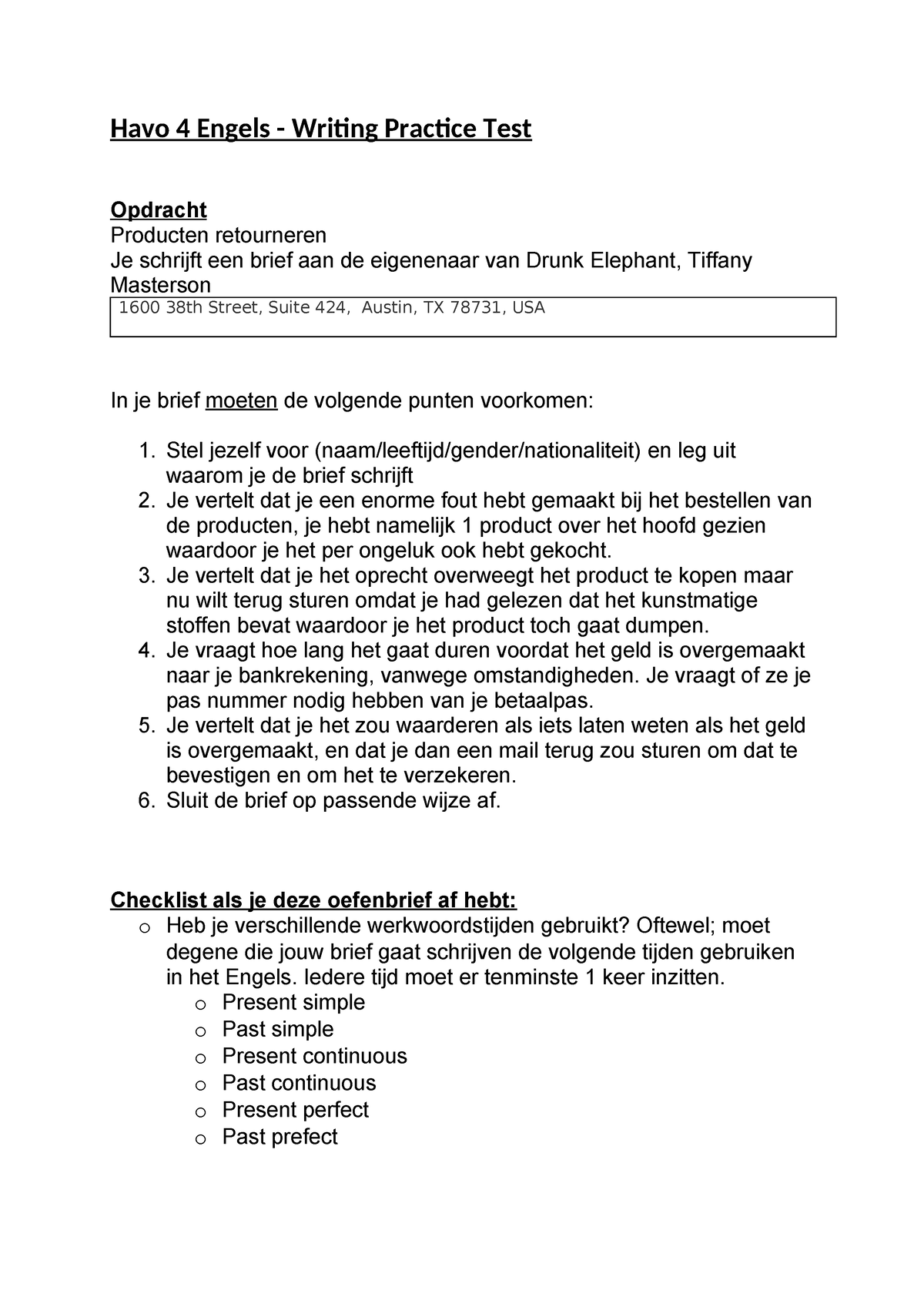 Havo 4 Engels - Brief - Havo 4 Engels - Writing Practice Test Opdracht 