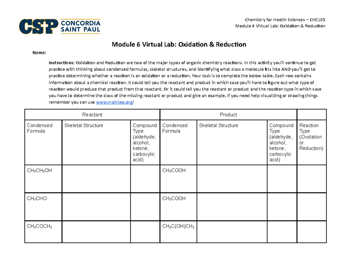 M6 Virtual Lab Oxidation & Reduction CHE 221 Studocu
