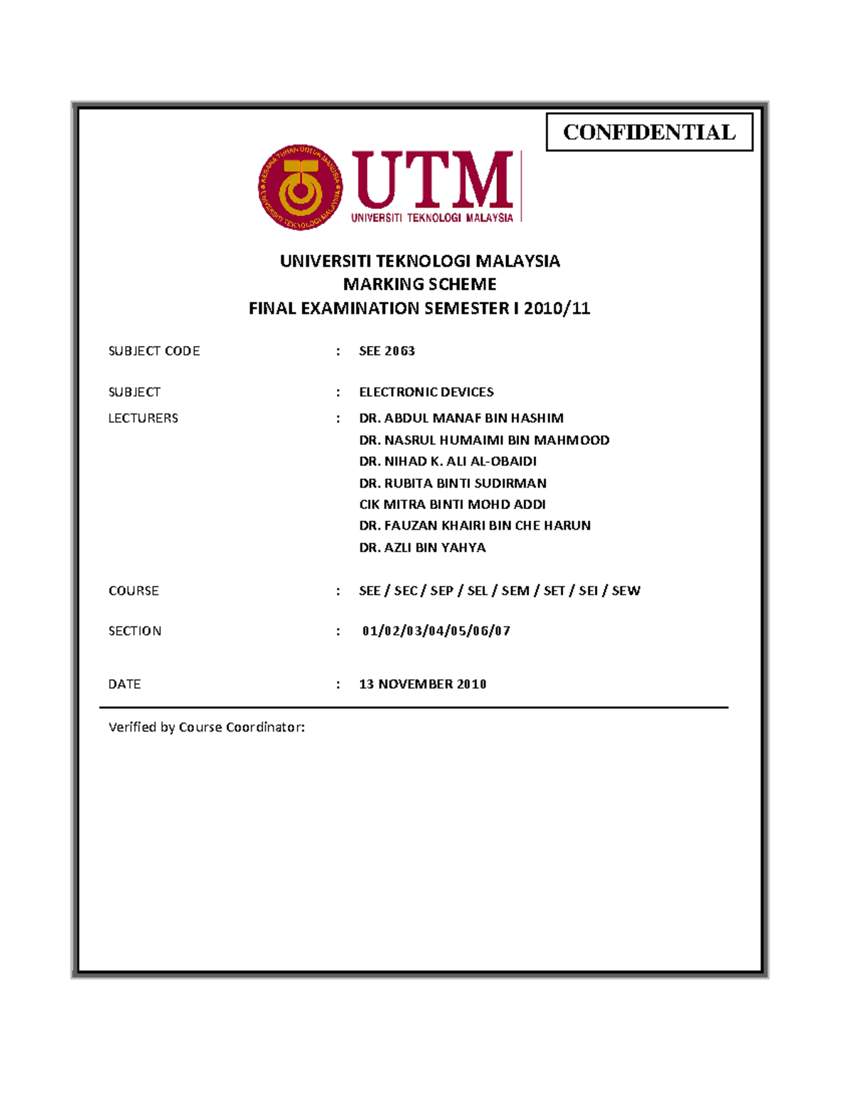 Final Examination Semester I Session 2010/2011: Electronic Devices ...