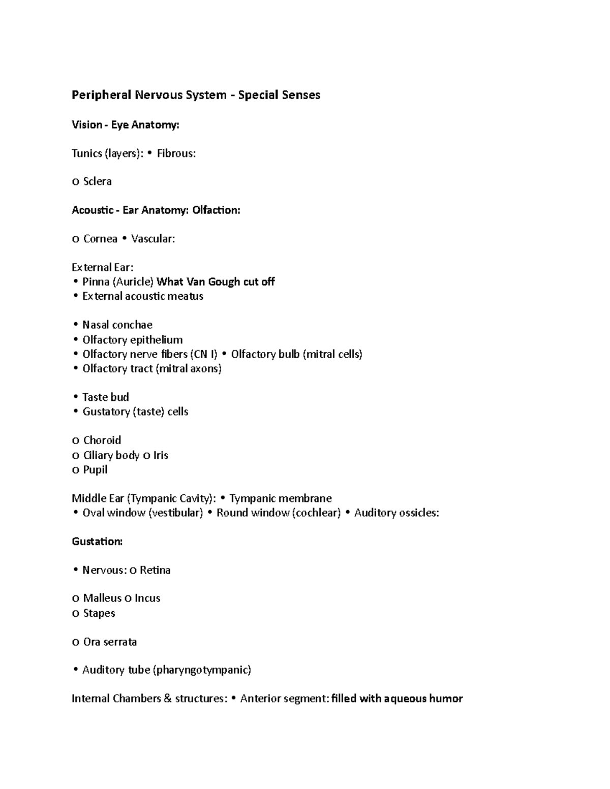 Lab week 5 notes key terms list - Peripheral Nervous System - Special ...