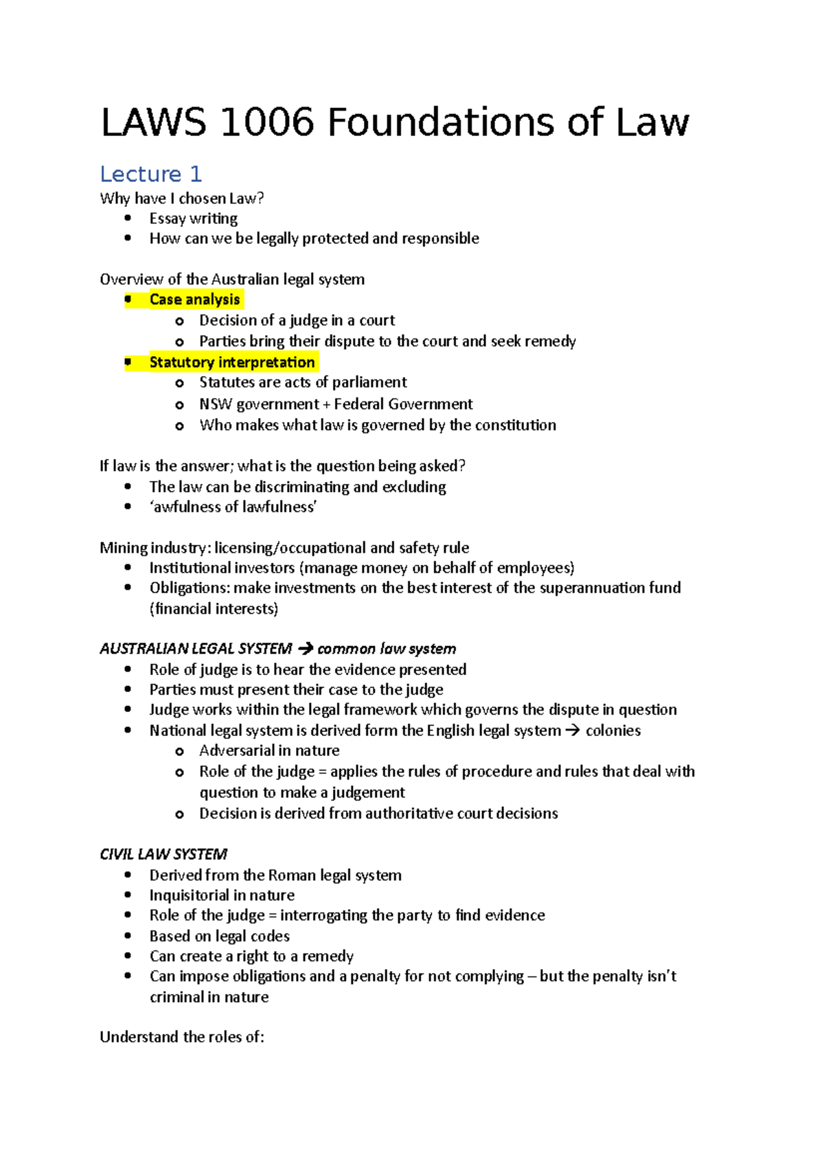 LAWS 1006 lecture notes - LAWS 1006 Foundations of Law Lecture 1 Why ...