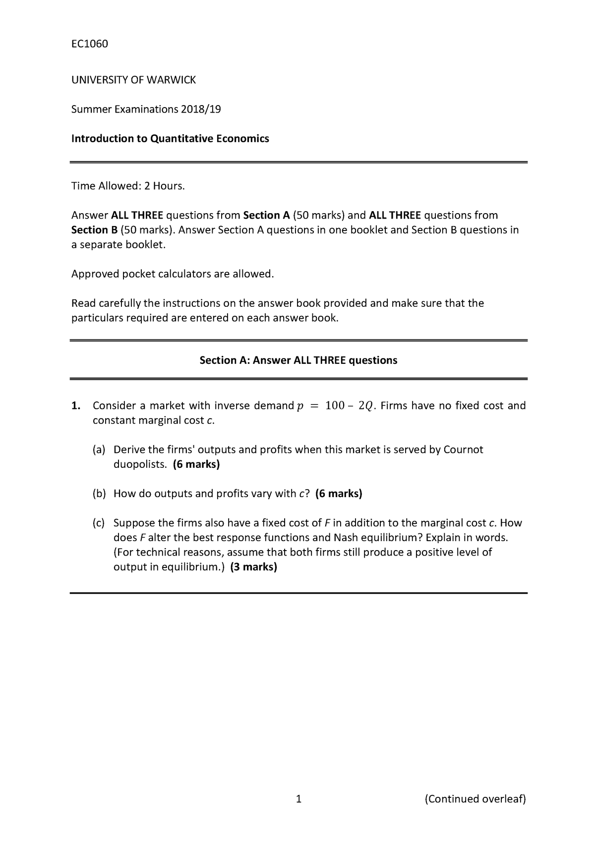 Ec1060 - Past papers for economics university of warwick - 1 (Continued ...