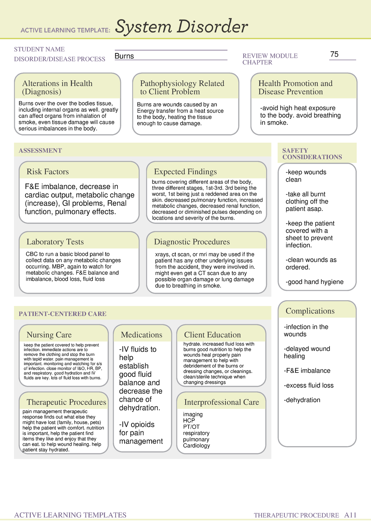 Burns ATI active learning template - STUDENT NAME DISORDER/DISEASE ...