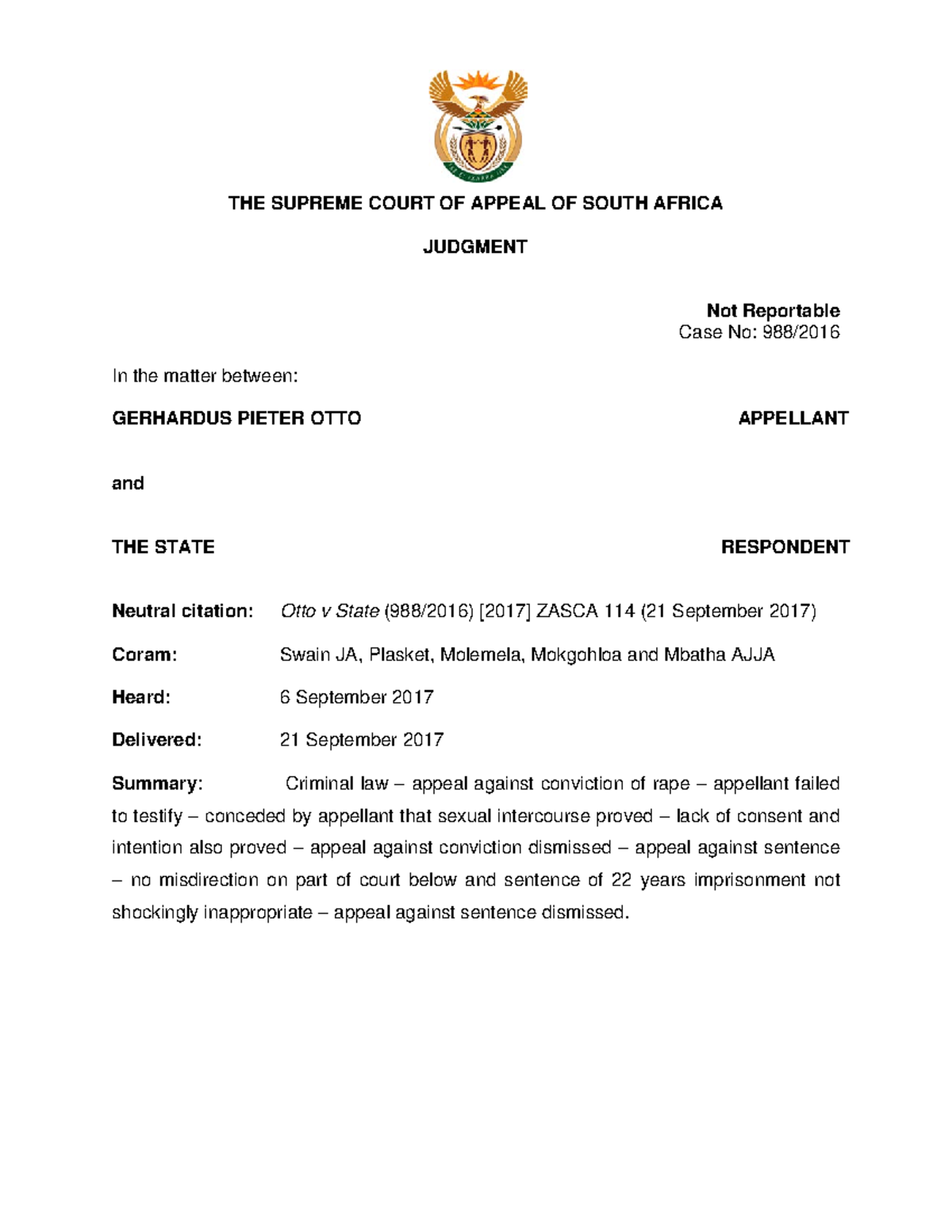 Otto v s - important case - THE SUPREME COURT OF APPEAL OF SOUTH AFRICA ...