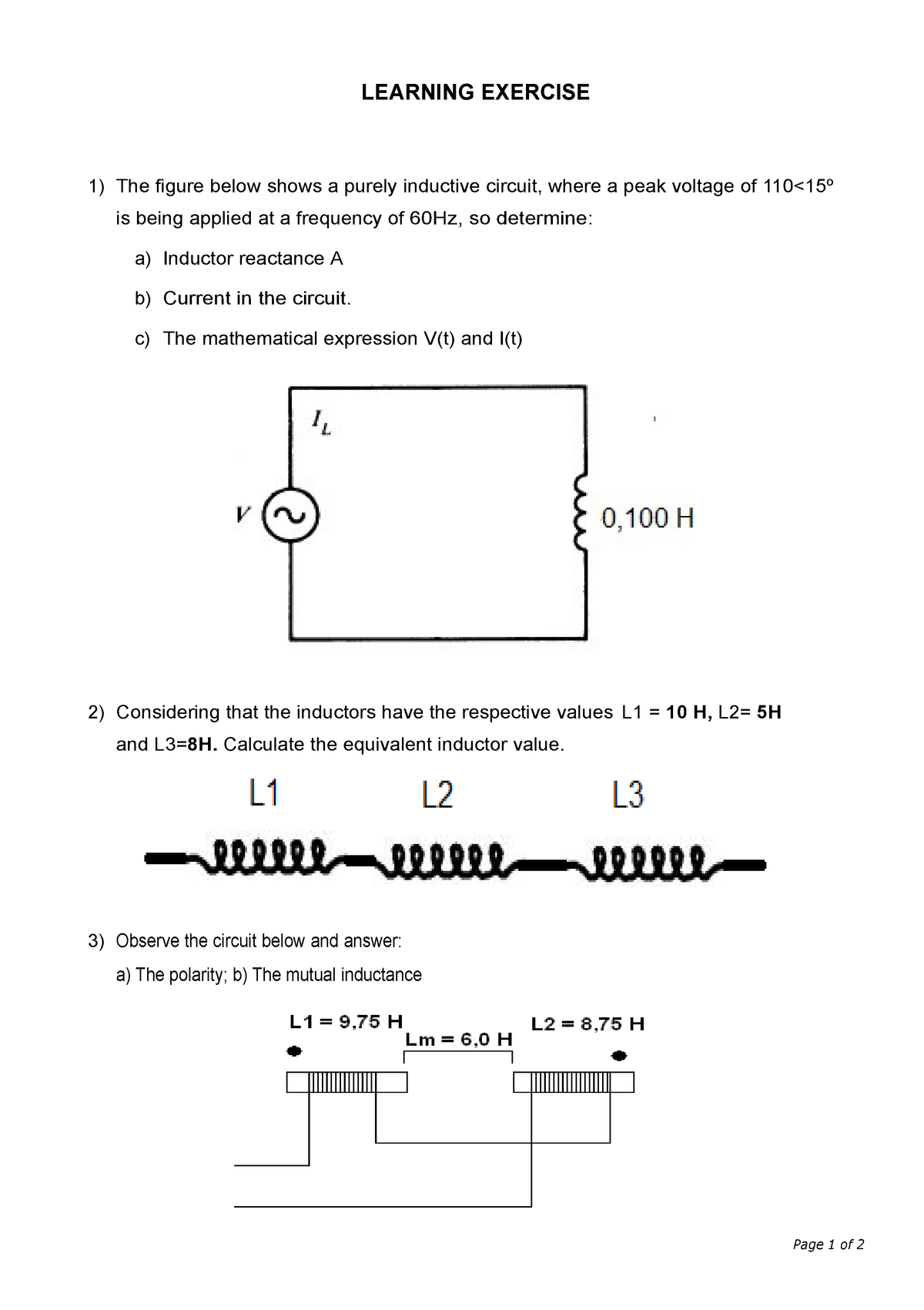 Mandatory Assignments - Inductors - Page 1 of 2 LEARNING EXERCISE The ...