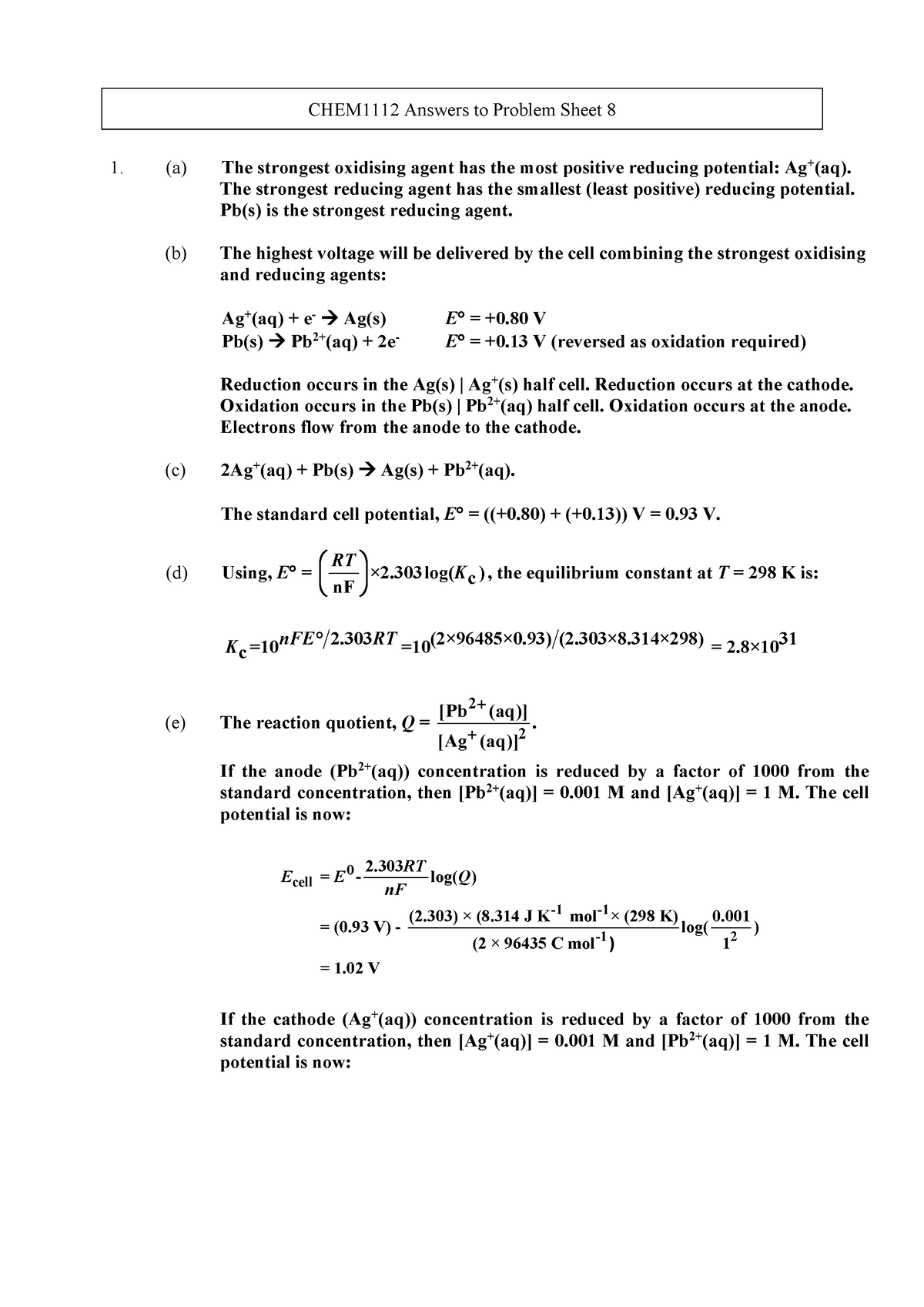 Homework 08 - Answers-1 Stuff and Words and Notes - CHEM1112 Answers to ...