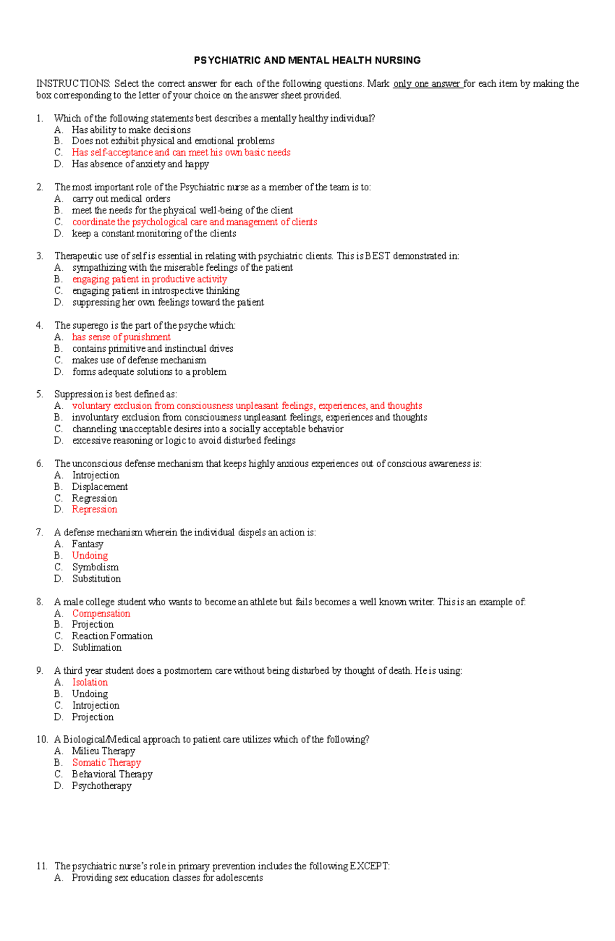 Psychiatric and Mental Health Nursing Answer Key PSYCHIATRIC AND