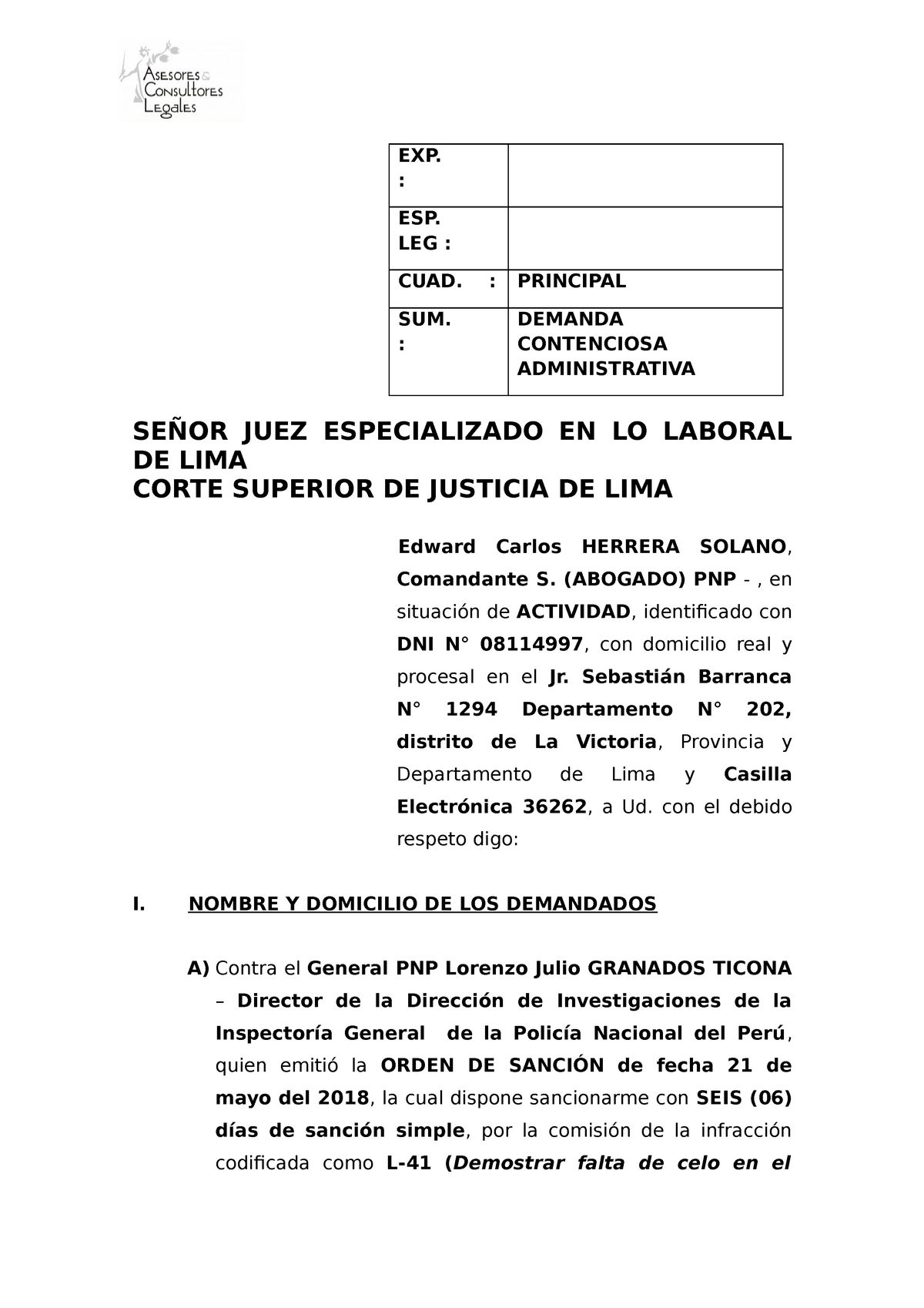 Demanda Contenciosa Administrativa Cmdte PNP Herrera Solano corregida -  EXP. : ESP. LEG : CUAD. : - Studocu