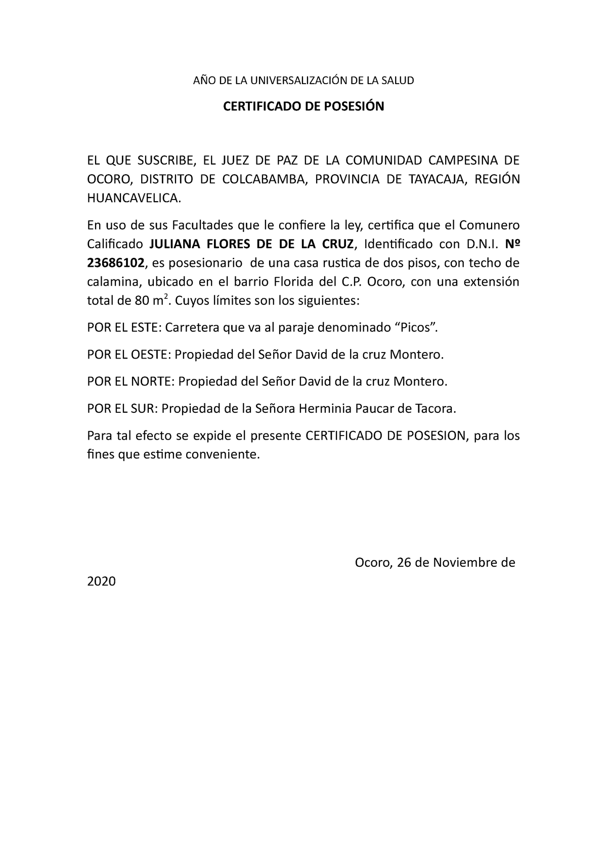 Certificado De Posesion Terreno Casa Certificado De PosesiÓn El Que Suscribe El Juez De Paz 8488