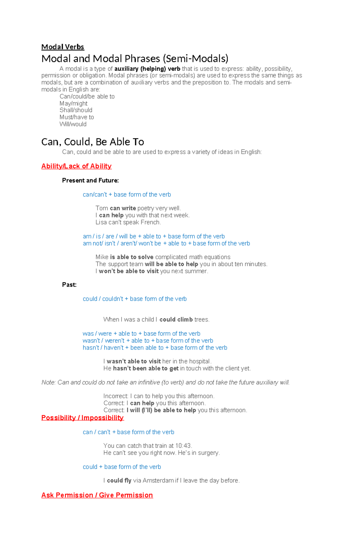 Modal Verbs students copy Modal Verbs Modal and Modal Phrases (Semi