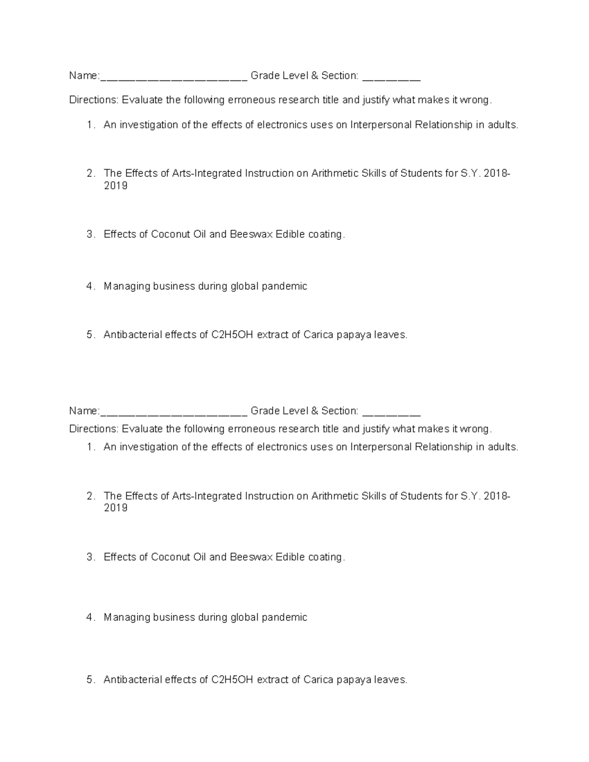 Assessment on COT - none - Name:_________________________ Grade Level ...