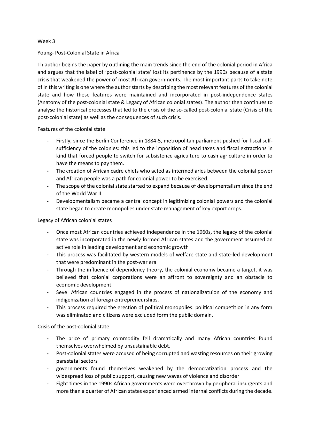 Week 3 Pol summary - Week 3 Young- Post-Colonial State in Africa Th ...