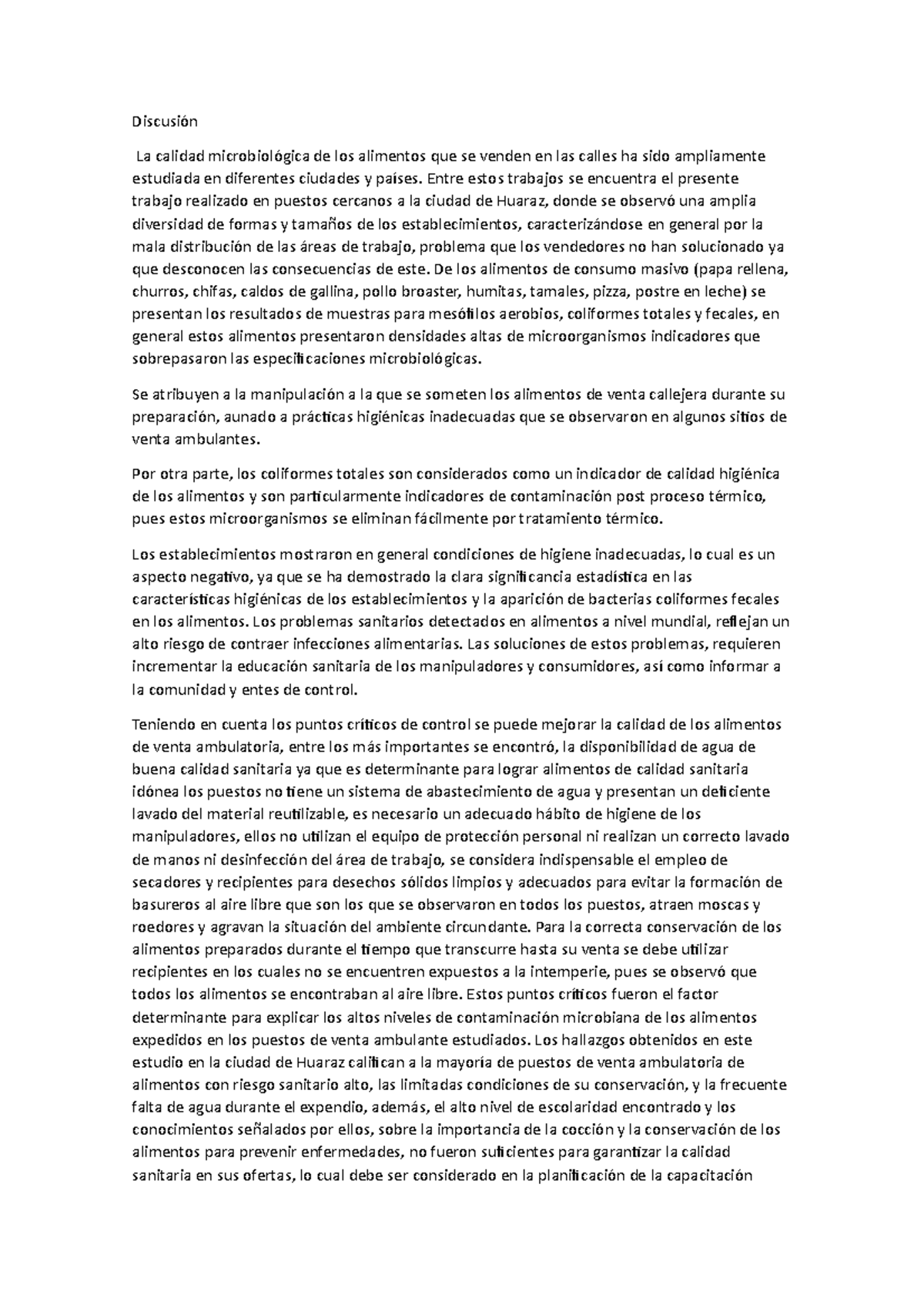 Discusión - ghghghghghghghghg - Discusión La calidad microbiológica de ...