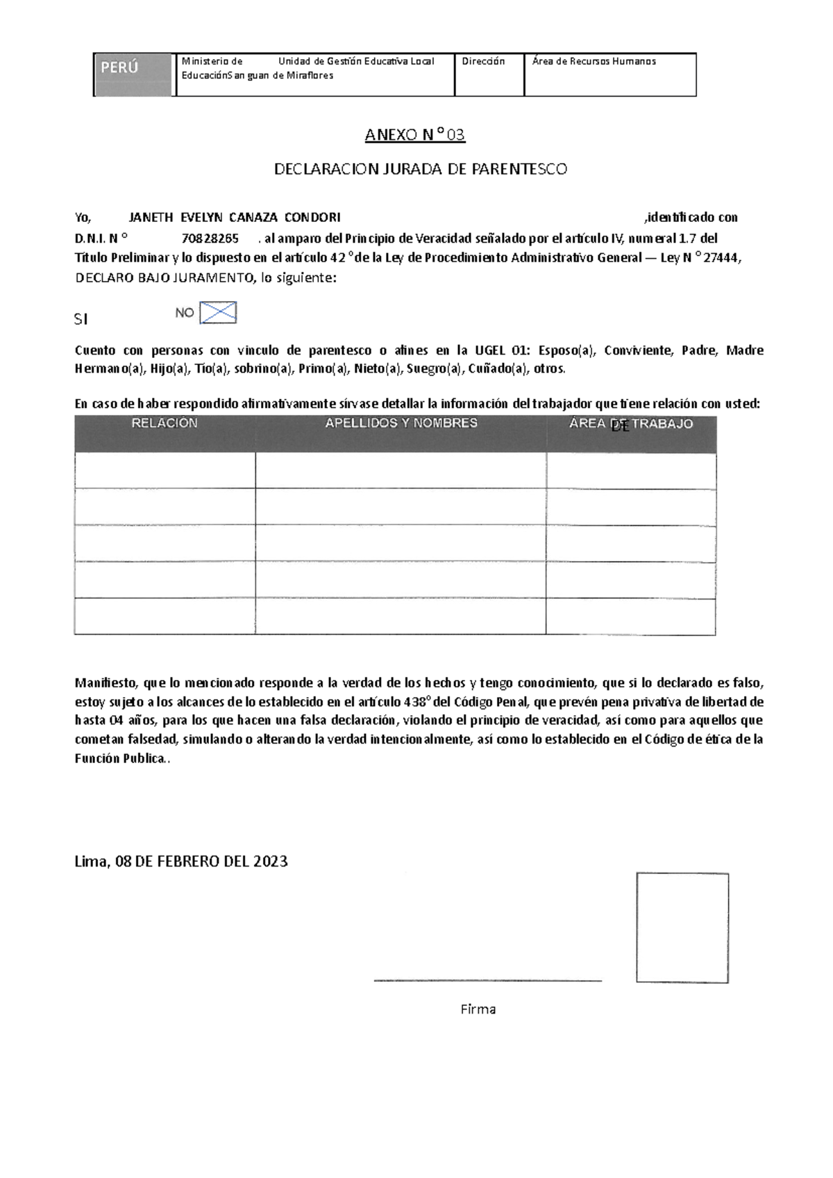 Anexo N° 03 Declaracion Jurada de Parentesco 1 - ANEXO N O 03 ...