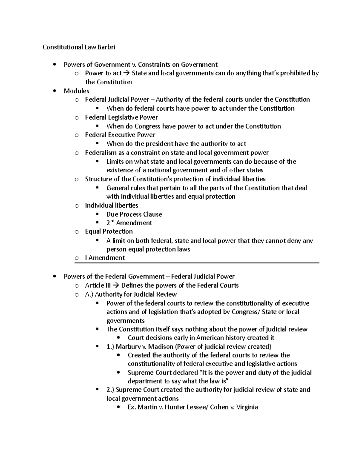 Constitutional Law Barbri - Constraints on Government o Power to act ...