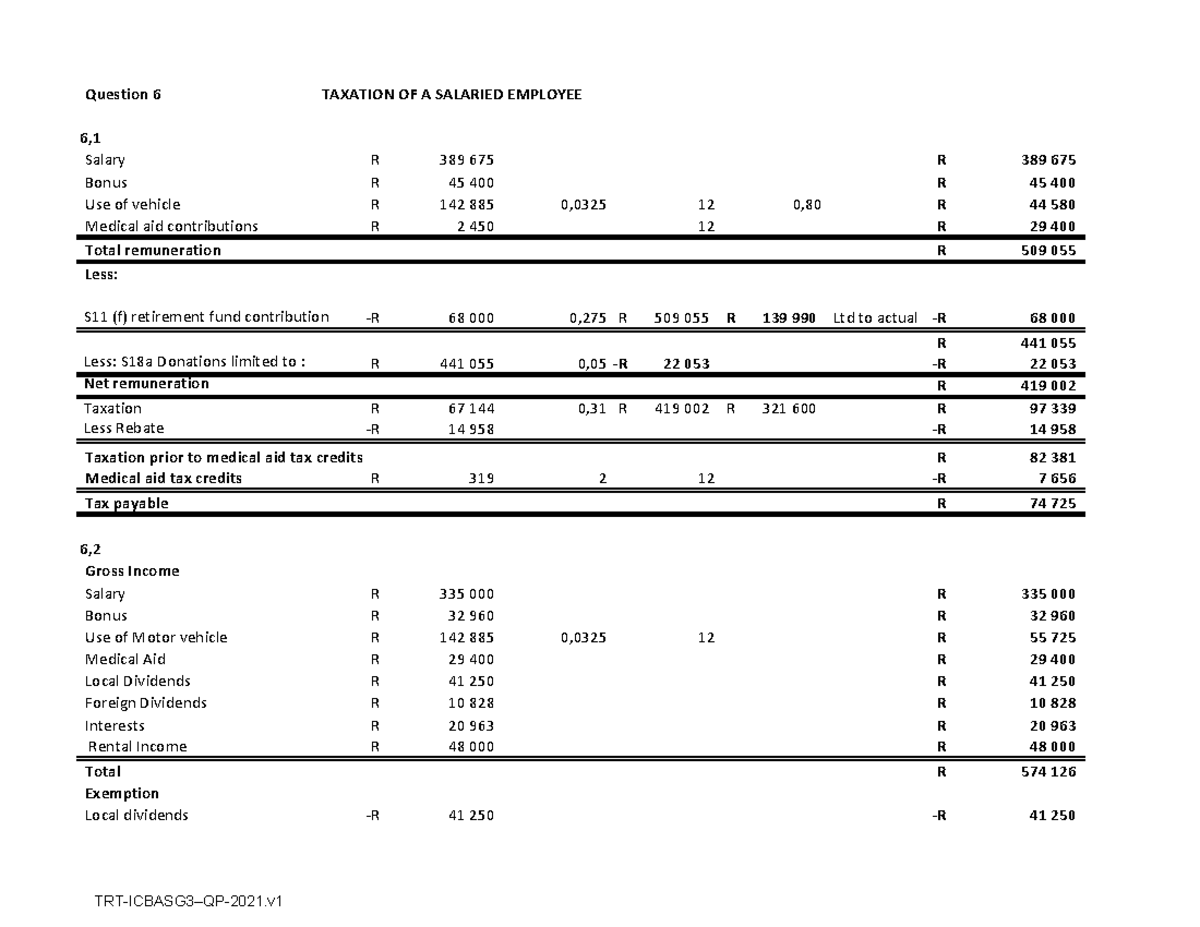 7. Question 6 - Assignment - Question 6 TAXATION OF A SALARIED EMPLOYEE ...