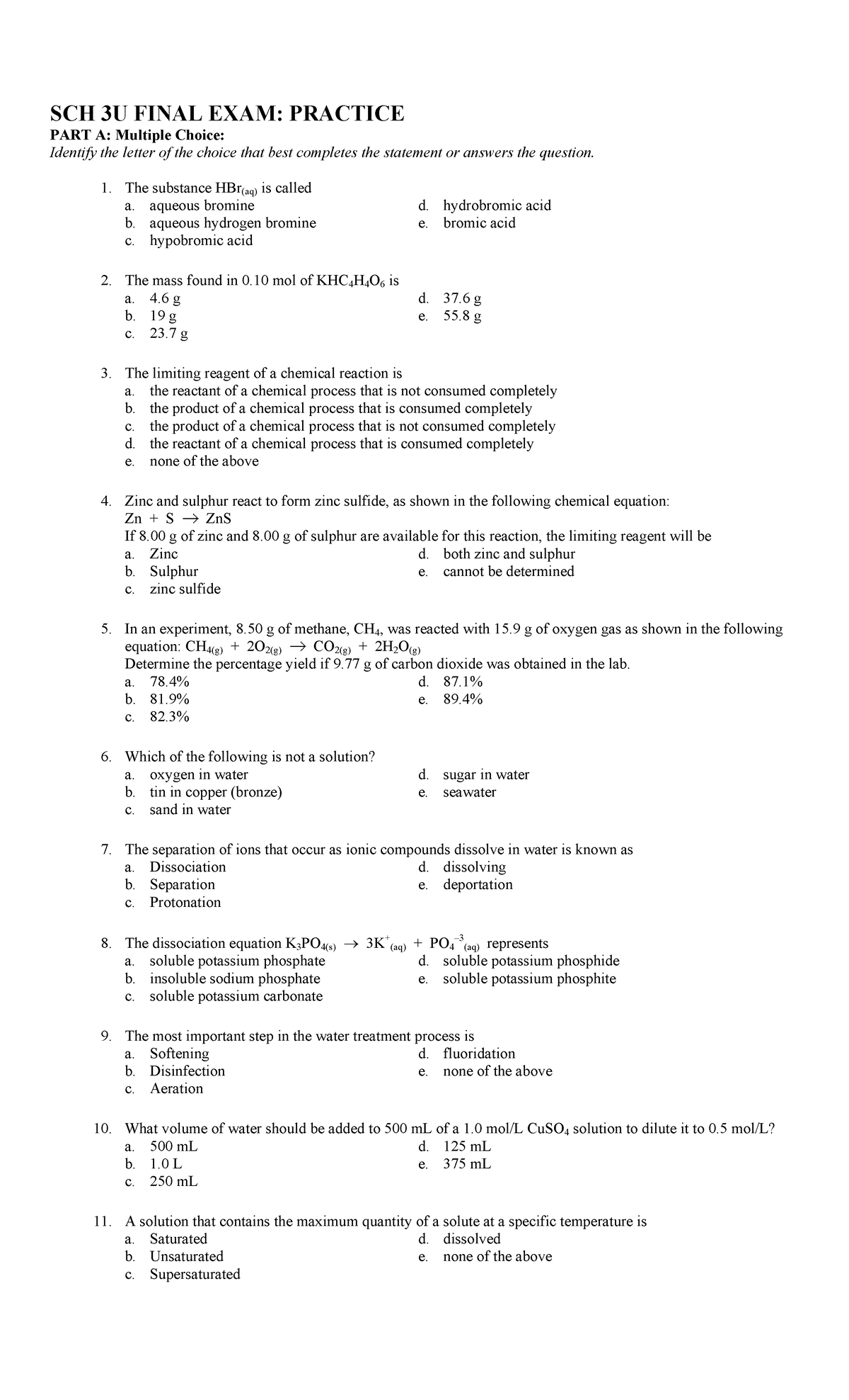 SCH3U Practice EXAM - Exam Prep - SCH 3U FINAL EXAM: PRACTICE PART A ...