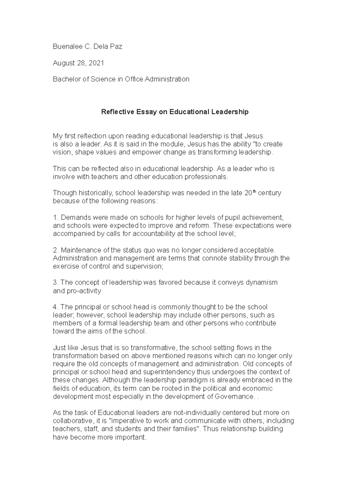 reflective essay on educational leadership