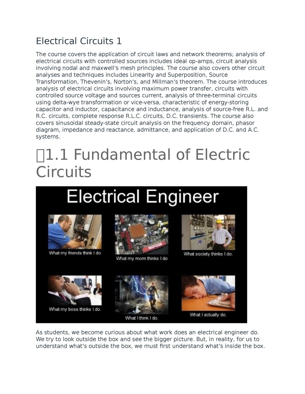 Electrical Circuits 1 - Lecture Notes 1 - Electrical Circuits 1 The ...