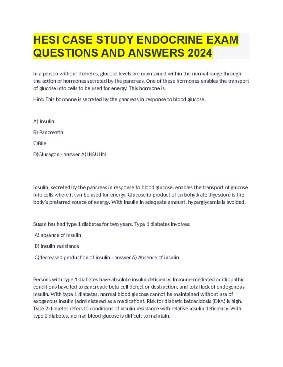 HESI CASE Study Endocrine EXAM Questions AND Answers 2024 HESI CASE