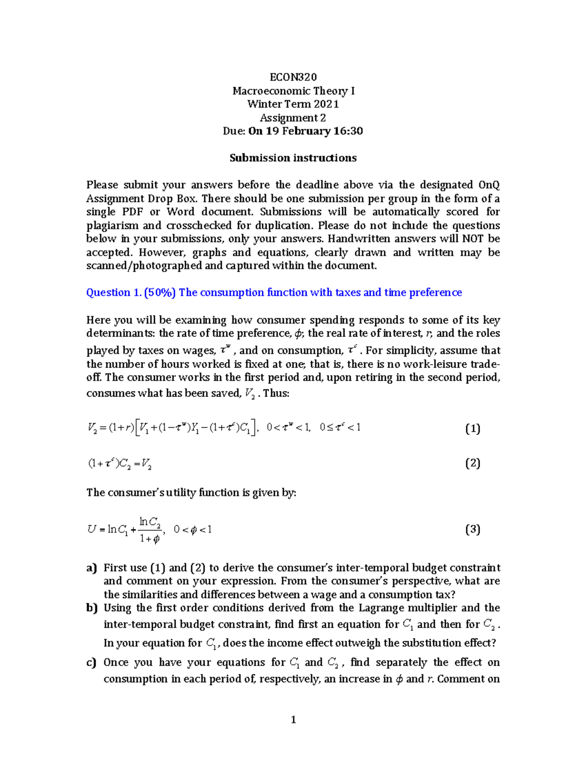 ECON320 Assignment 2 Questions Winter 2021 - ECON Macroeconomic Theory ...