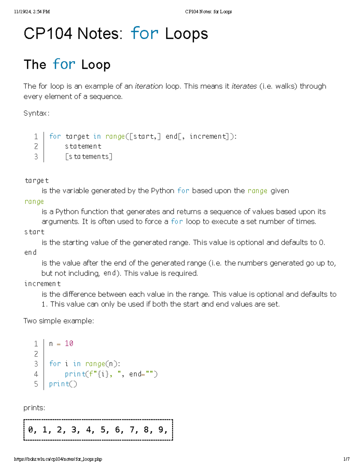CP104 Notes for Loops - CP104 Notes: for Loops The for Loop The for ...