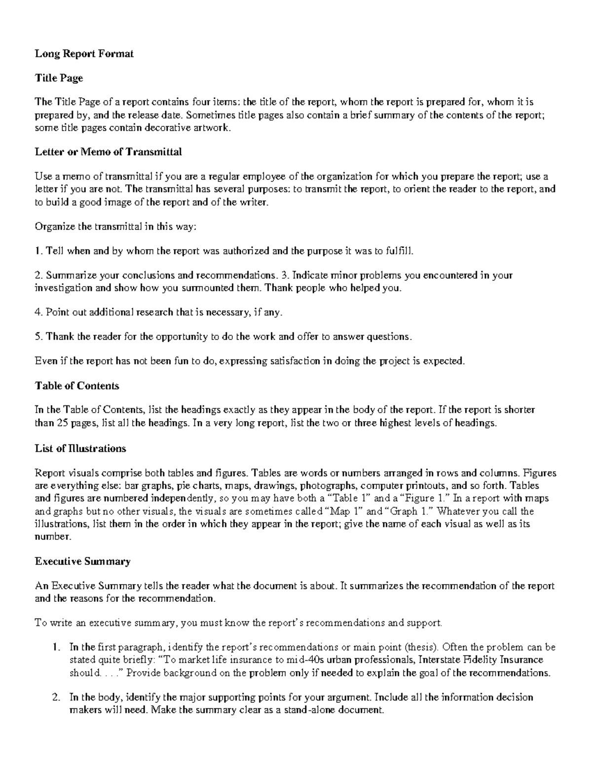 Notes 24 Long Report Format - Long Report Format Title Page The Title ...