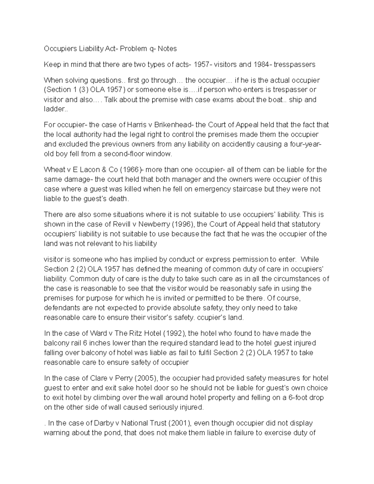 Occupiers Liability Act- prob q - . first go through... the occupier ...