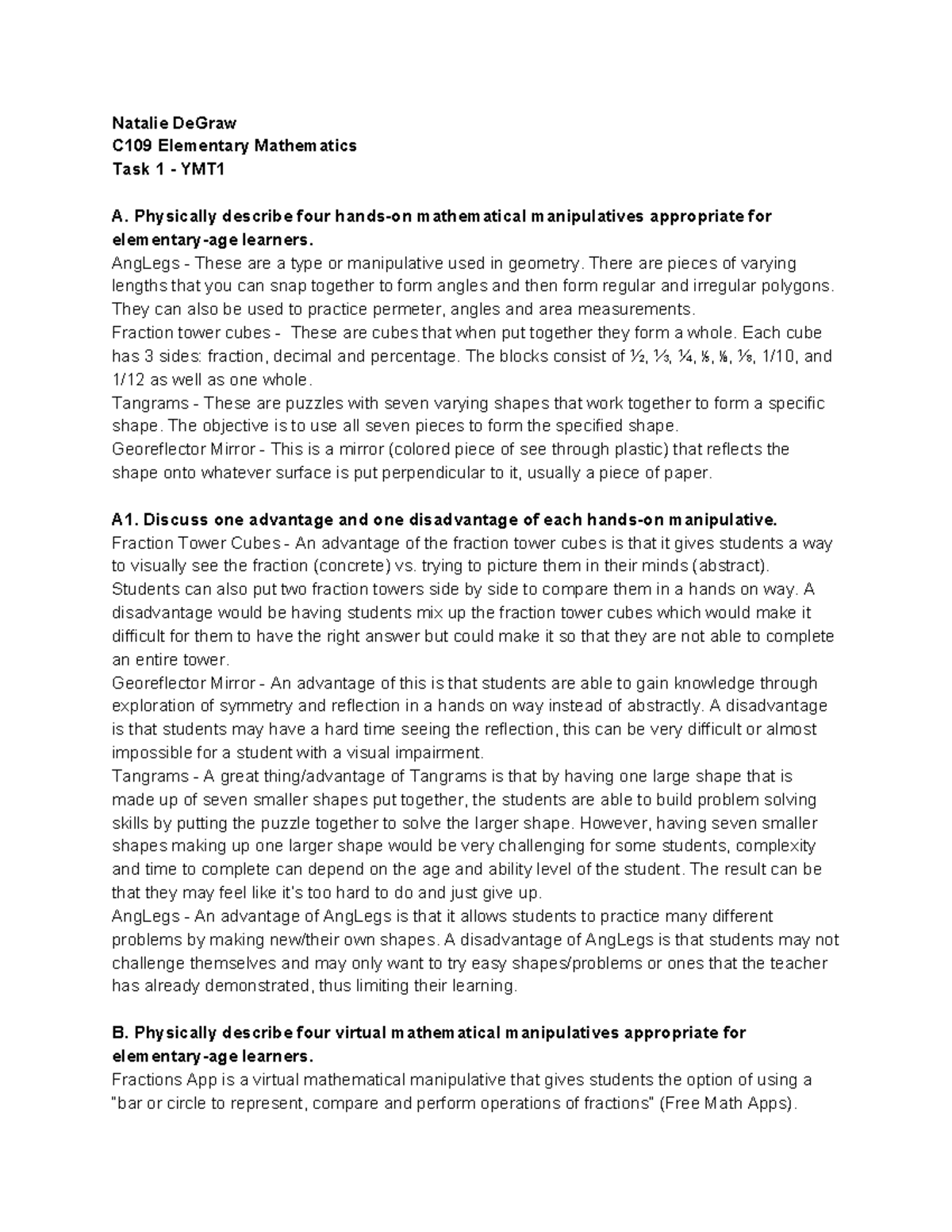 N De Graw C109 Task 1 - task 1 - Natalie DeGraw C109 Elementary ...