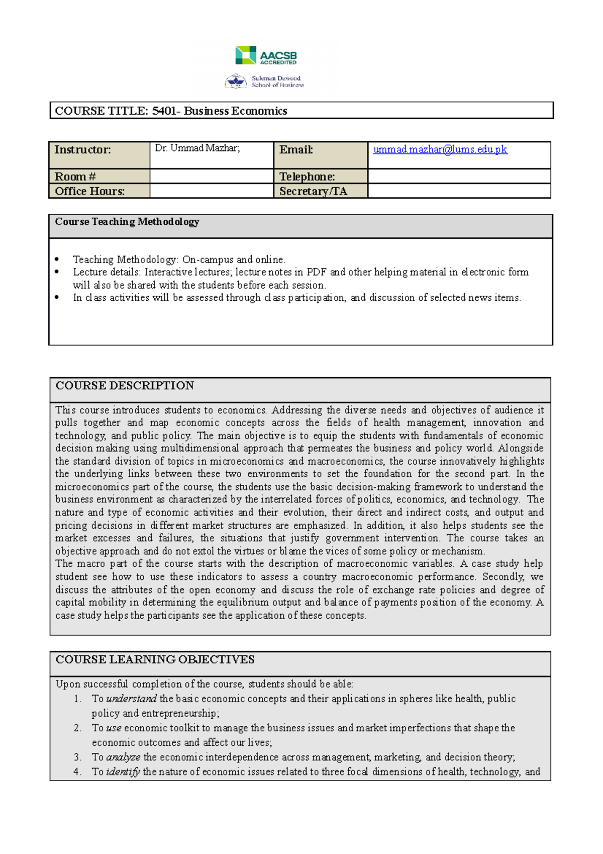 Course Outline - Business Economics-Final 8Aug23 - COURSE TITLE: 5401 ...