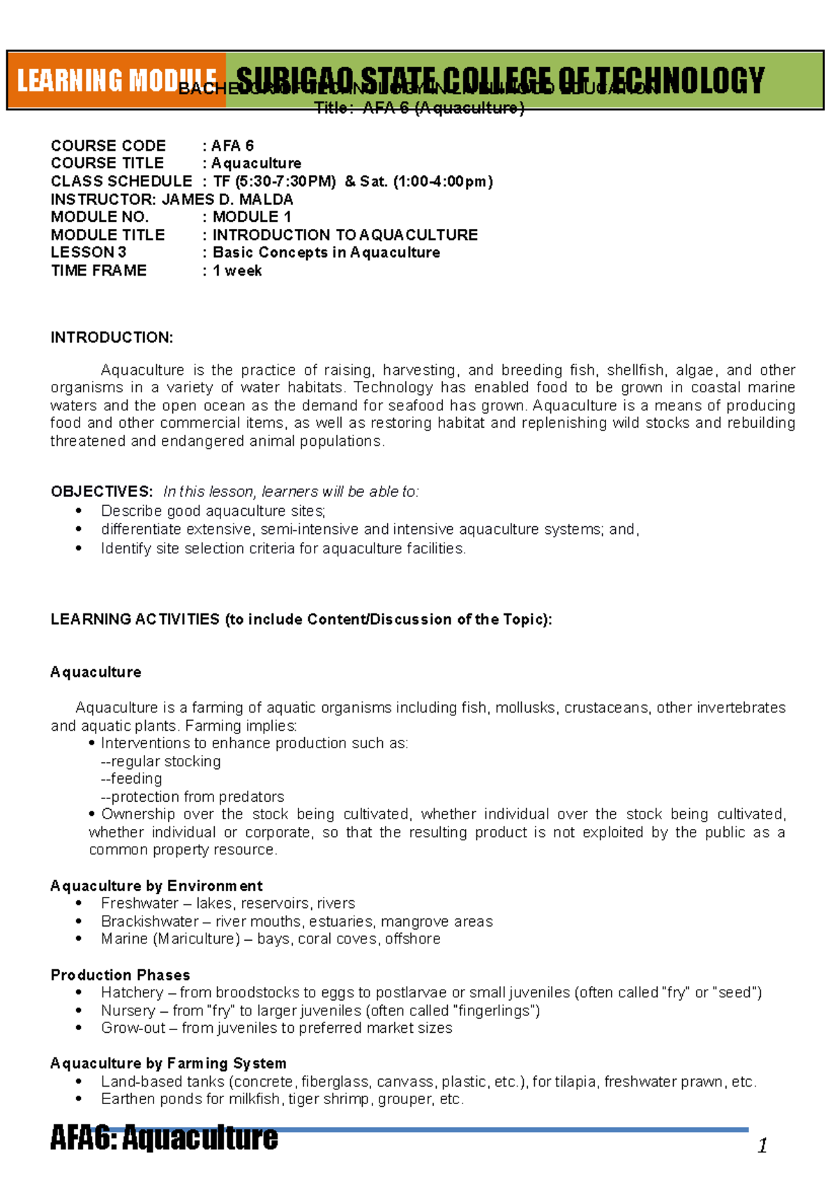 AFA6 Module 1 Lesson 3 - LEARNING MODULEBACHELOR OF TECHNOLOGY IN ...