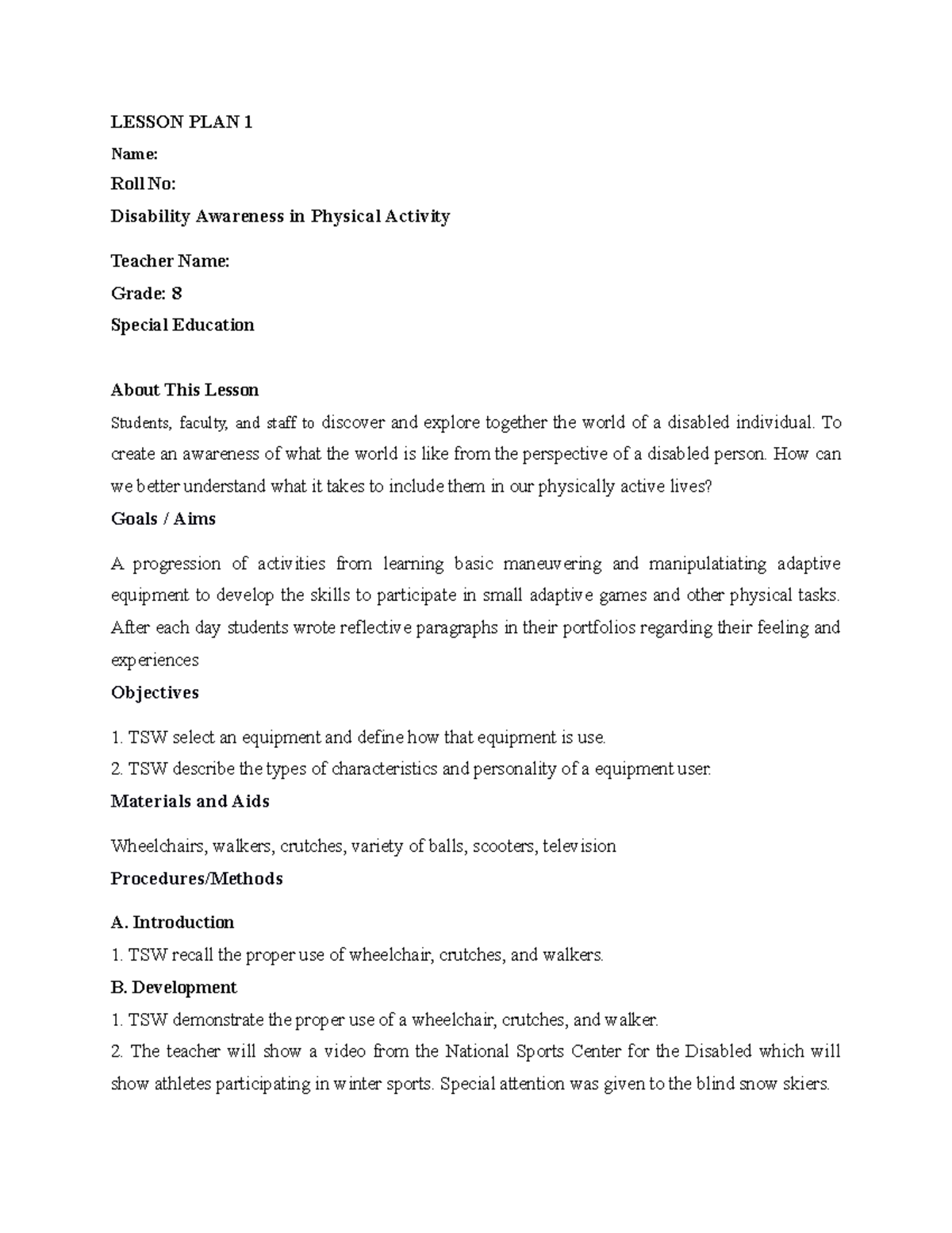 40 Lesson Plan (Eng, Sci, PS) 3600+-1-2 - LESSON PLAN 1 Name: Roll No ...