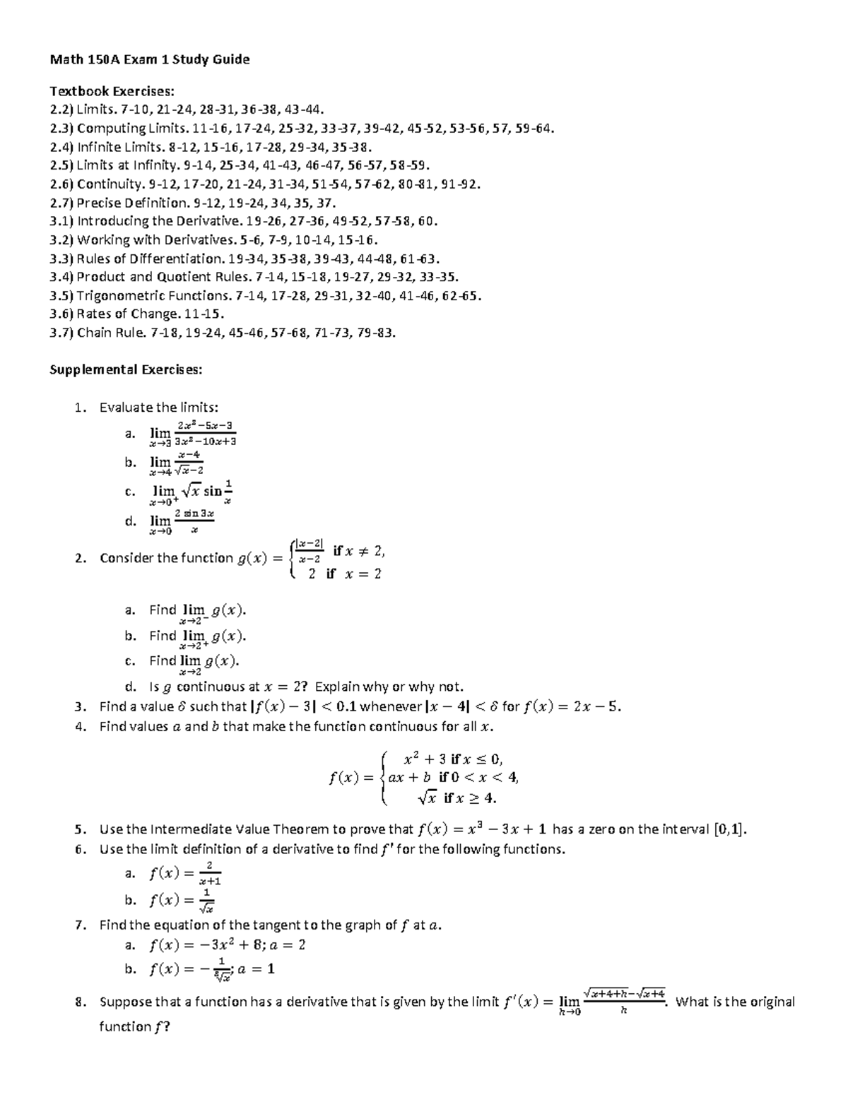 Study guide 1 - Summary Calculus I - Math 150A Exam 1 Study Guide ...