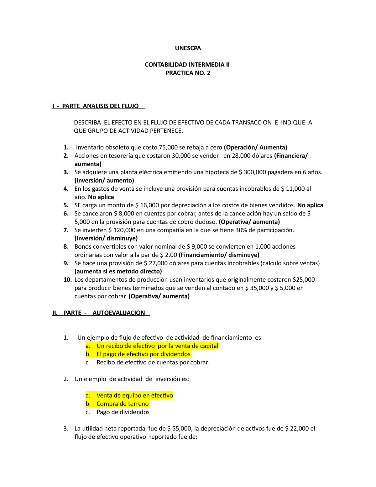 Tarea No 2 Unescpa Contabilidad Intermedia Ii Practica No 2 I Parte Analisis Del Flujo 1631