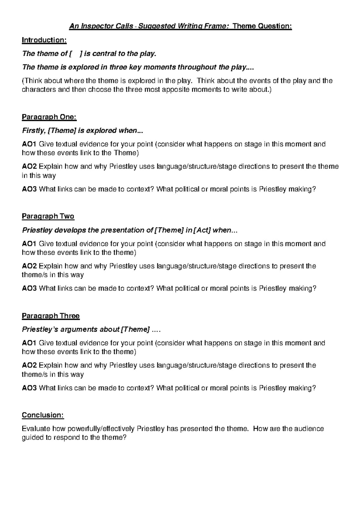 Ai C writing Frame theme question - An Inspector Calls - Suggested ...