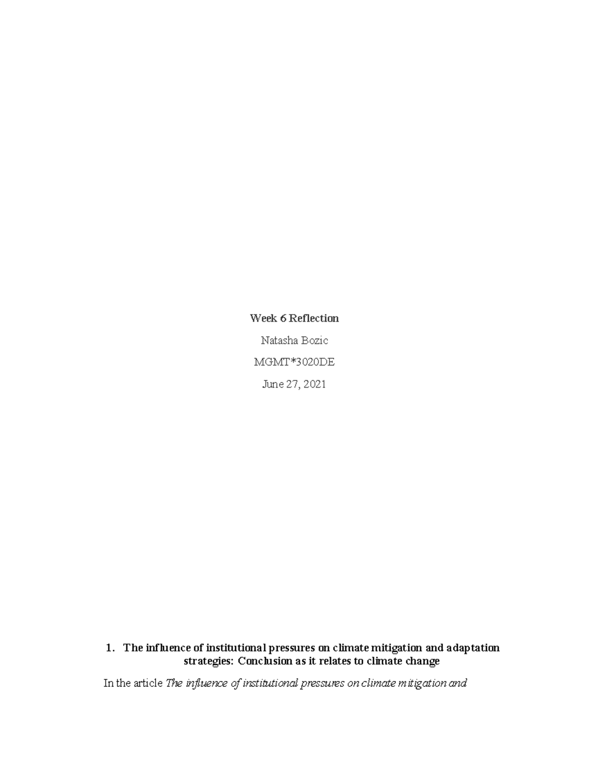 Reflection Paper Week 6 - Week 6 Reflection Natasha Bozic MGMT*3020DE ...