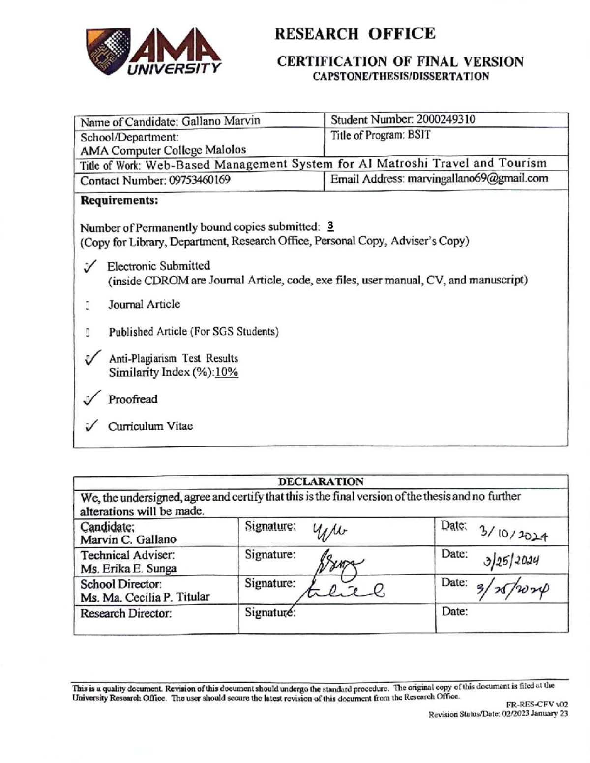 Certificate of Final Version - AMA RESEARCH OFFICE CERTIFICATION OF ...