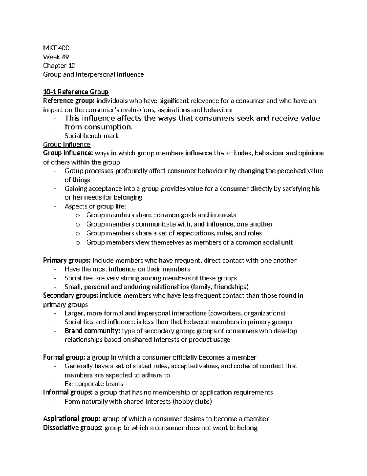 MKT 400-Chapter 10 - Chapter 10 review notes - MKT 400 Week # Chapter ...