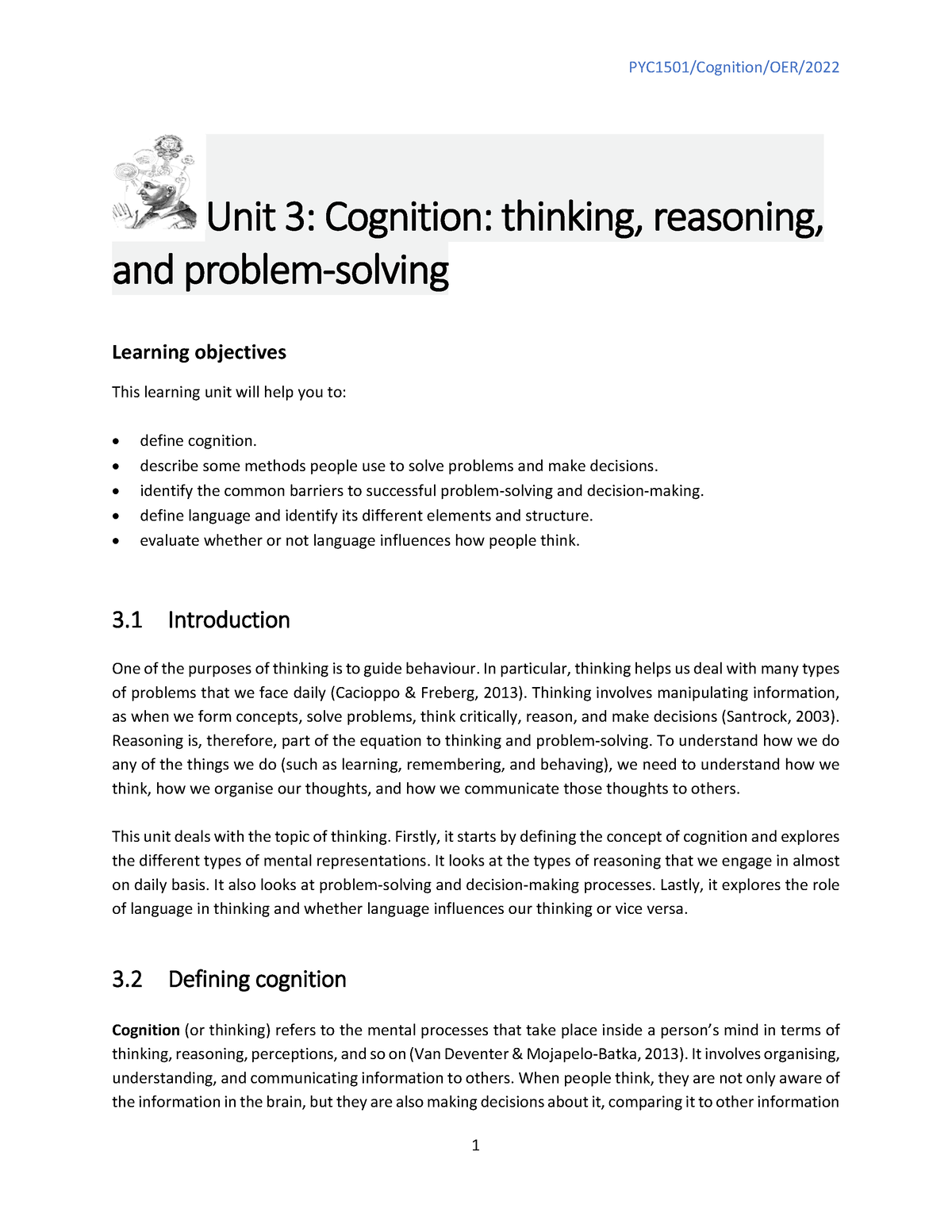 PYC1501 Unit 3 Cognition OER 2022 - Unit 3 : Cognition: Thinking ...