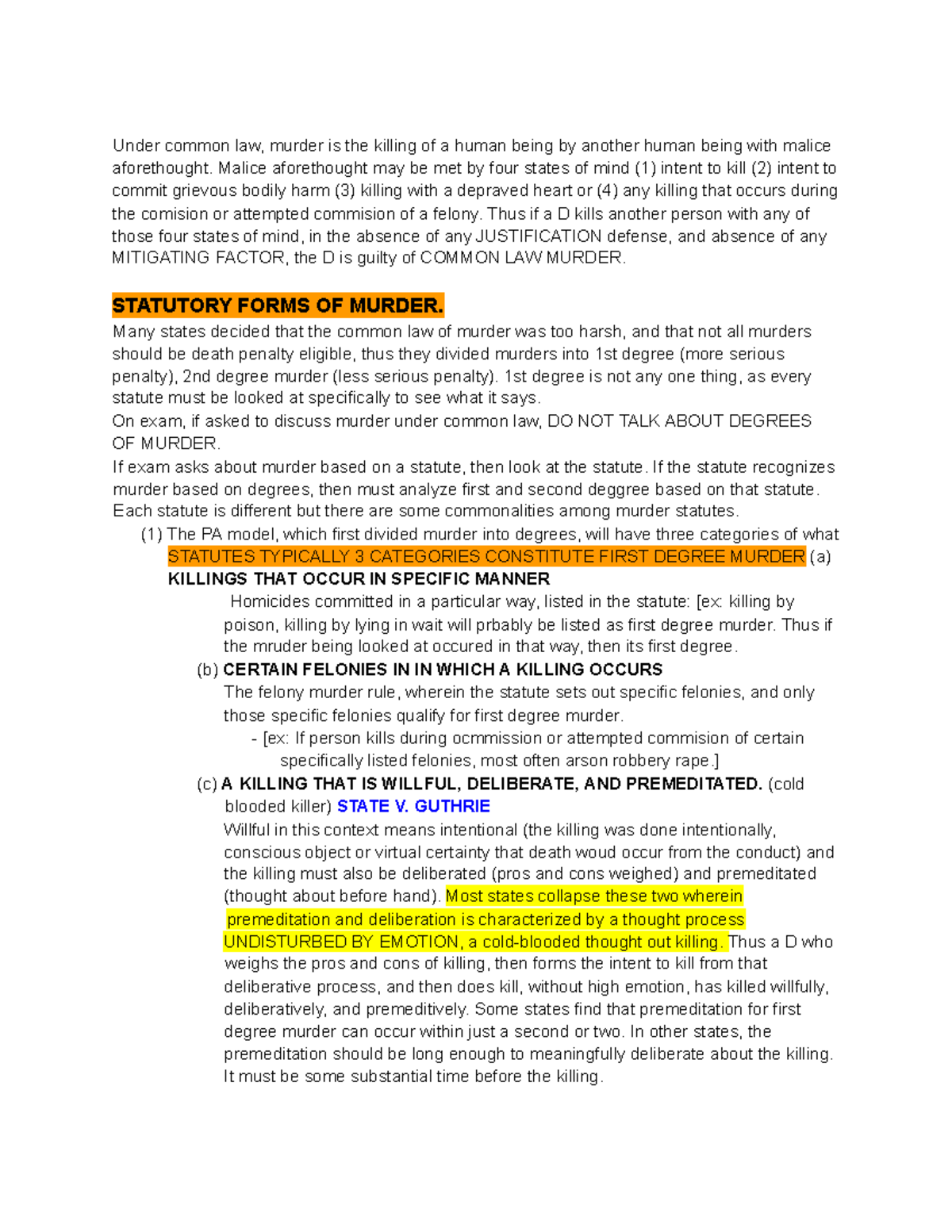 CRIM Outline - Murder - Under common law, murder is the killing of a ...