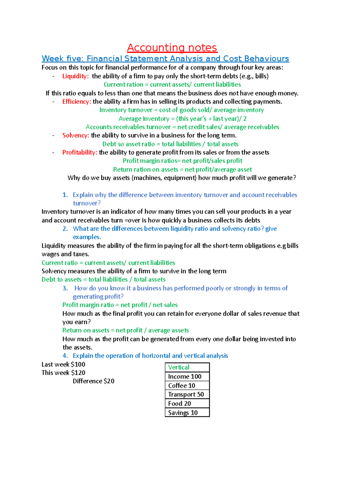 Accounting notes - assignment - Accounting notes Week five: Financial ...