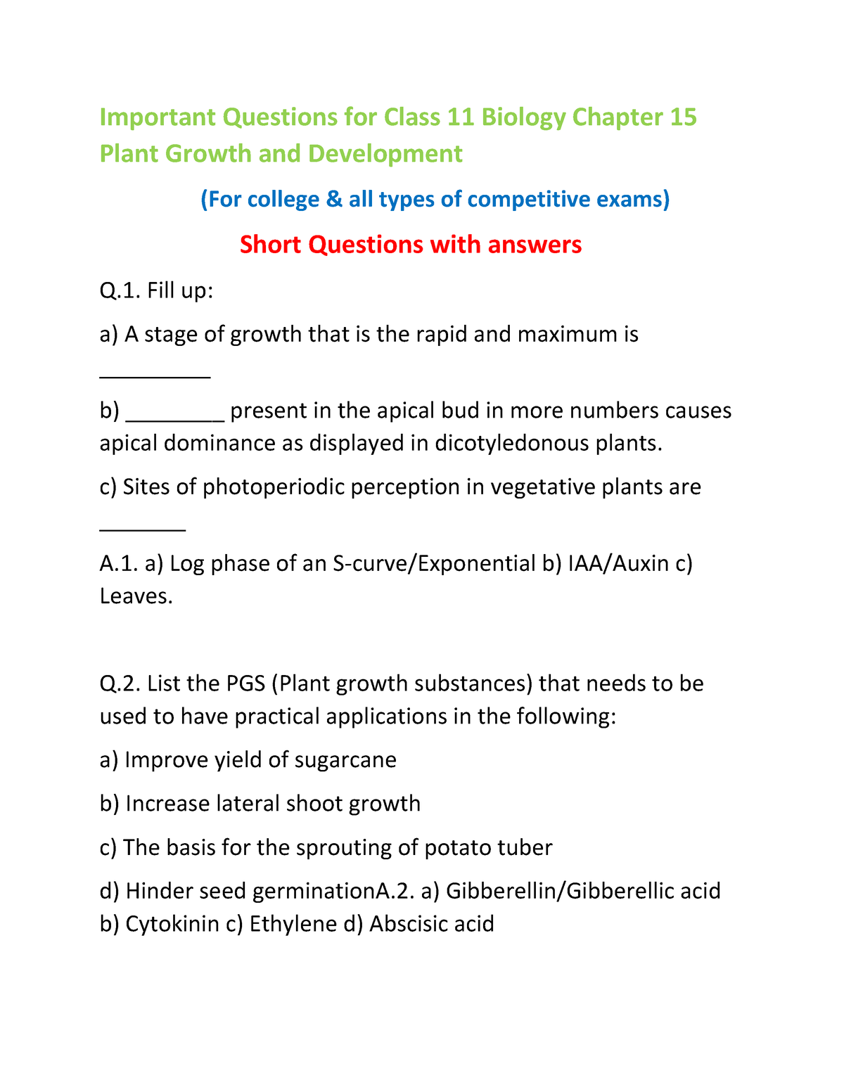 Important Questions For Class 11 Biology Chapter 15 Plant Growth And ...