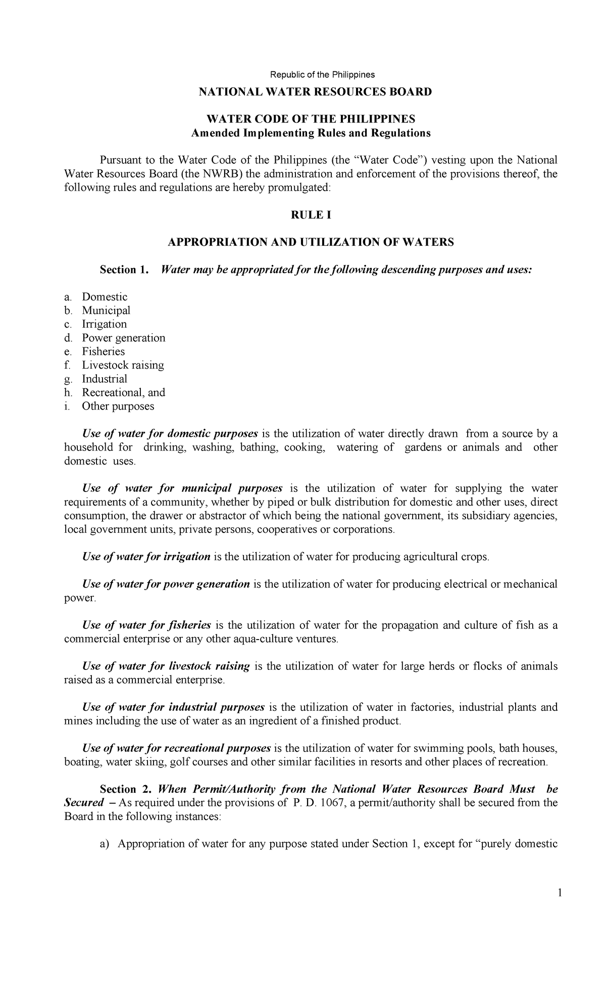 Pd1067 amended - Water Code of the Philippines - NATIONAL WATER ...