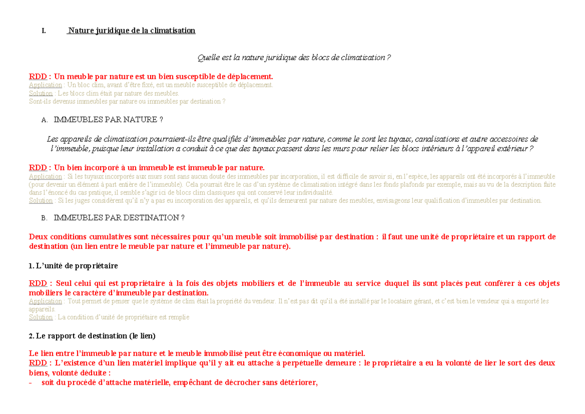 Corrigé cas pratique 1 - jjbg - I. Nature juridique de la climatisation