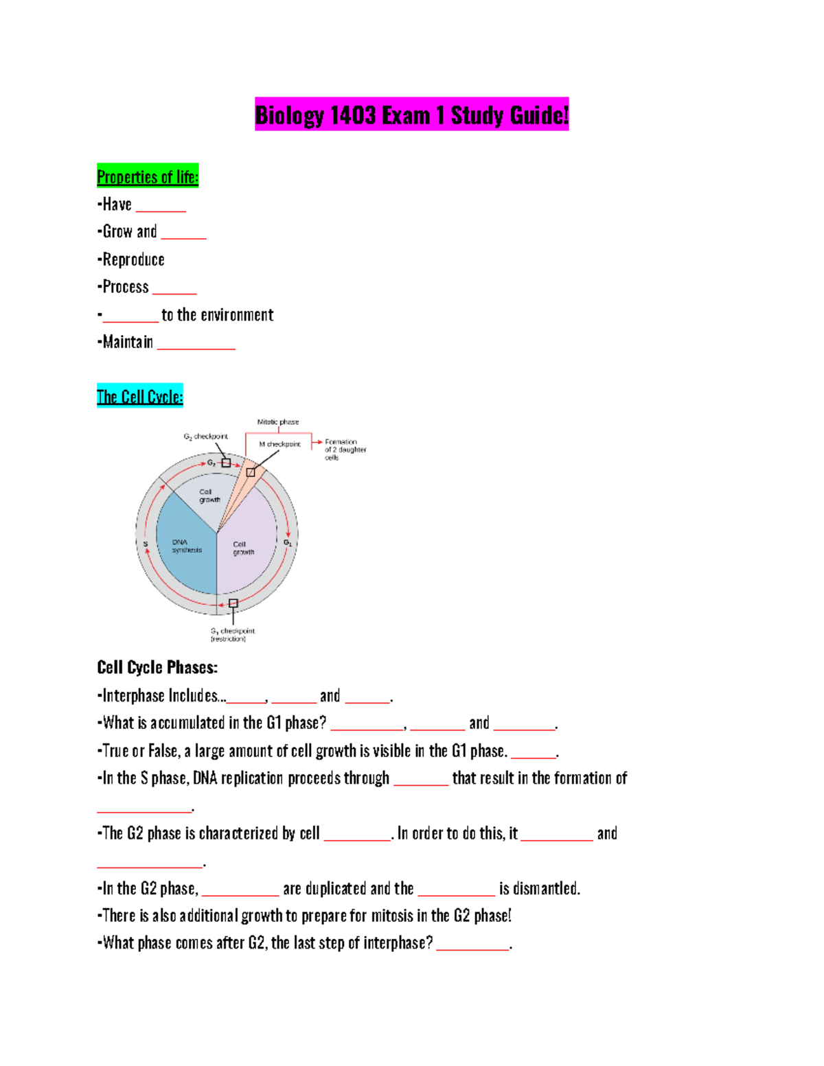 Biology Exam 1 Review Biology 1403 Exam 1 Study Guide! Properties of