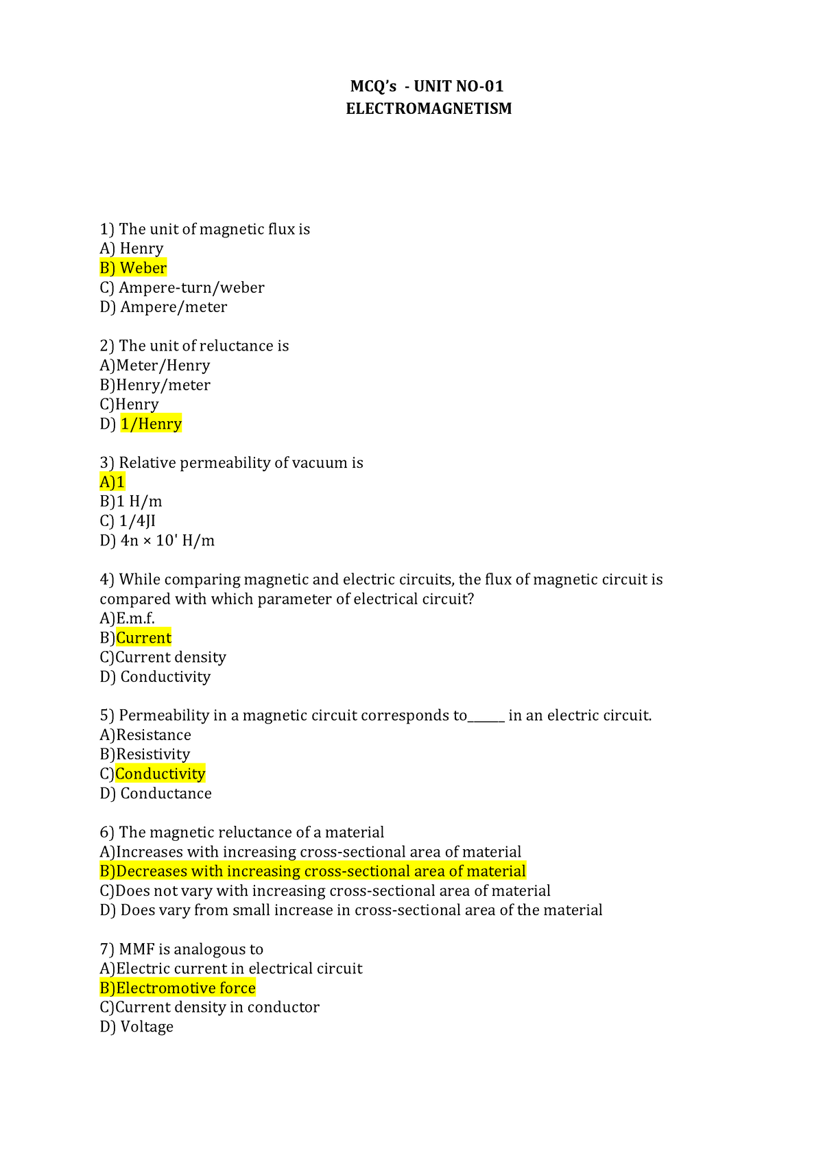 BL 1M MCQ ON UNIT 1 Electromagnetism (1) - ELECTROMAGNETISM The Unit Of ...